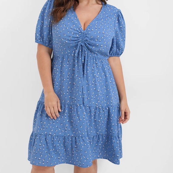 Blue floral baby doll dress with drawstring  detail - Picture 1 of 3